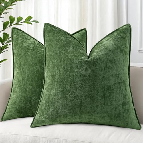 decorUhome Chenille Moss Green Velvet Throw Pillow Covers 16x16 Set of 2 by decorUhome
