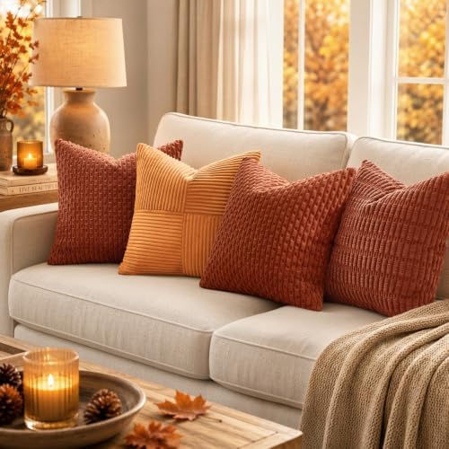 MIULEE Fall Decorative Throw Pillow Covers 16x16 Rust Textured Corduroy - Image 3