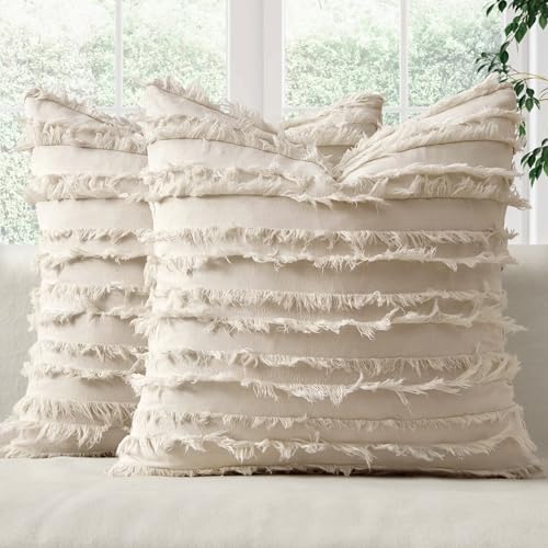 MIULEE Boho Linen Striped Throw Pillow Covers 18x18, Neutral Beige by MIULEE