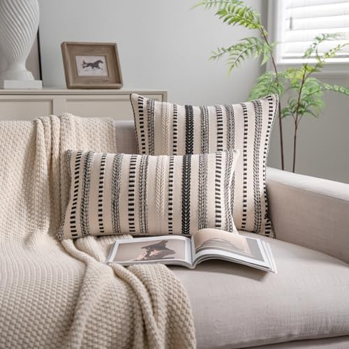 Cethom Black Boho Throw Pillow Covers 12x20 Inch Set of 2, Stripe Textured - Image 2