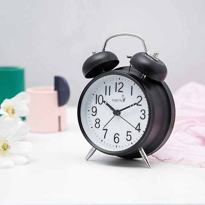 {Loud Alarm for Deep Sleepers) 4'' Twin Bell Alarm Clock with Backlight for Bedroom and Home Decoration(Black)