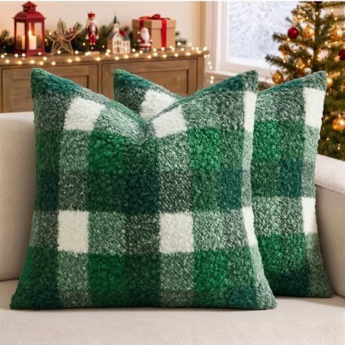 EMEMA Christmas Pillow Covers 18x18 Set of 2, Buffalo Plaid Boucle Throw Pillow by EMEMA