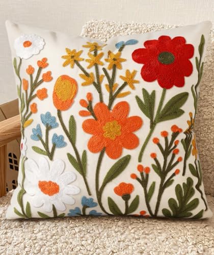 Embroidered Throw Pillow Cover 18x18 Inch, Flower Cluster by Kokaaee