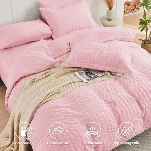 HYMOKEGE Pink Oversized Queen Comforter Set Seersucker 7 Pieces, All Season - Image 3