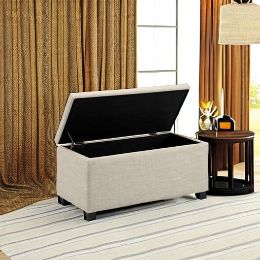 Amazon Basics Upholstered Storage Rectangular Ottoman and Entryway Bench, Polyester, Beige, 35.5"W x 16.5"D x 17"H