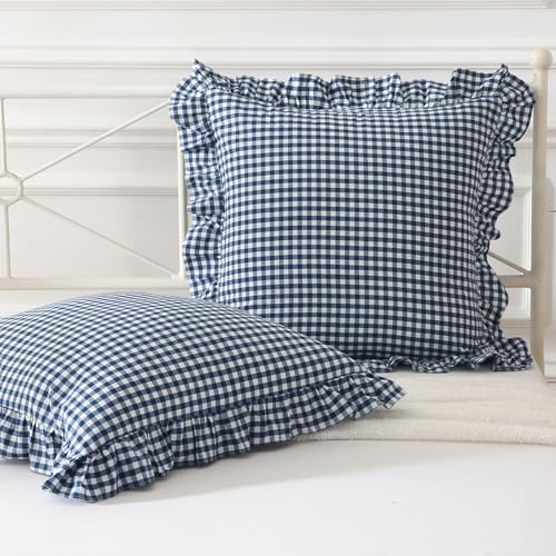 Mywinlle Navy Blue/White Gingham Plaid Euro Pillow Shams Set of 2 by Mywinlle