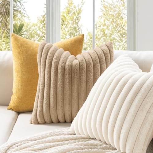 MIULEE Faux Fur Lumbar Decorative Throw Pillow Covers 12x20 Set of 2 Khaki - Image 3