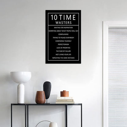 10 Time Wasters Motivational Canvas Wall Art for Living Room Inspirational Positive Quote Poster Wall Decor Paintings Wooden Framed Artwork Office Bedroom Home Decoration Ready to Hang [12''W x 18''H]