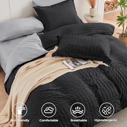 HYMOKEGE Black/Light Grey King Size Comforter Set Seersucker 7 Pieces, All - Image 3