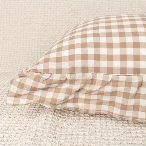 JoraLion Ruffled Throw Pillow Cover 18x18 Gingham Khaki - Image 4