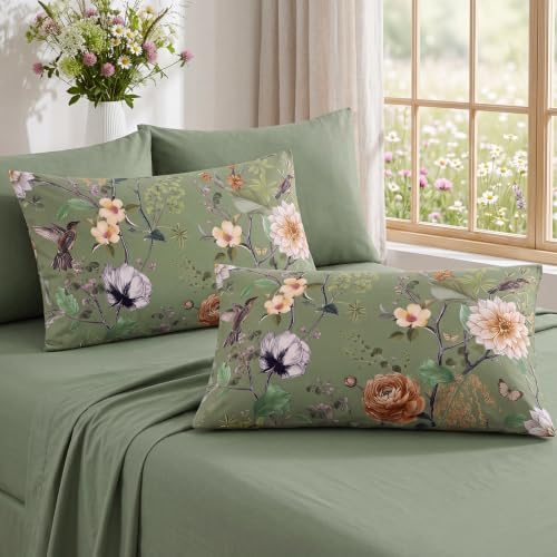 Bedorm 100% Cotton Pillowcases Set of 2 King Size Green Floral Pillow Cover - Image 3