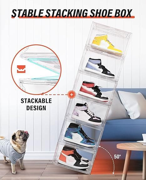 KDOR Shoe Box Clear Plastic Stackable for Sneakers,Closet,Hat. 10 Pack Sneaker Storage Boxes with Magnetic Door, Acrylic Display Case, Strong and Sturdy Fit Shoe Size Up to US 15