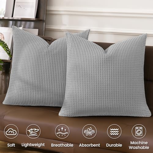 PHF Cotton Waffle Euro Shams 26" x 26", Light Grey, No Insert - Image 3
