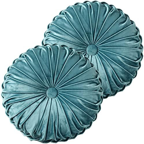 HIG Set of 2 Teal Velvet Decorative Round Pleated Throw Pillows by HIG