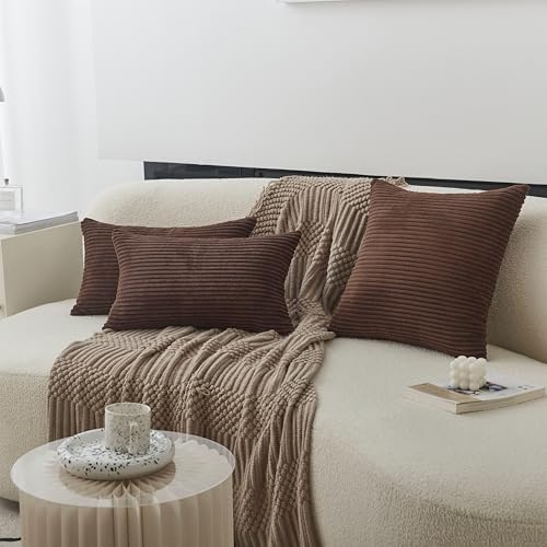 Home Brilliant Brown Couch Pillow Covers Set of 2 Soft Striped Velvet - Image 3