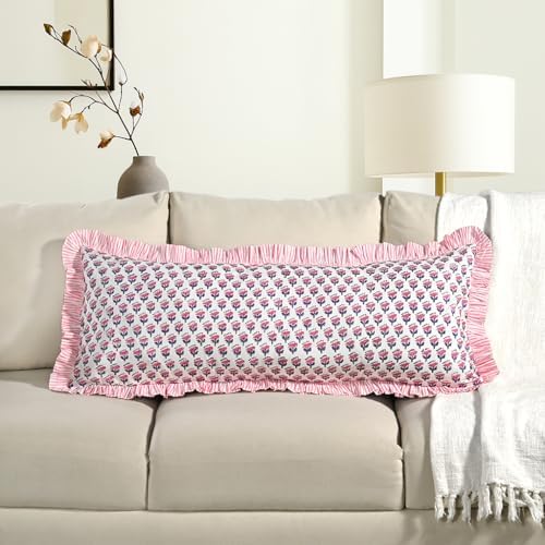 CPC Block Print Pink Sapphire Ruffle Cotton Lumbar Pillow Cover 14x36 inch by COTTONPRINTCLUB
