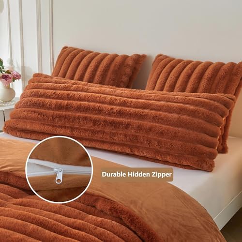 MEGO 20x54 Body Pillow Cover, Fluffy Ribbed Faux Rabbit Fur, Burnt Orange - Image 4