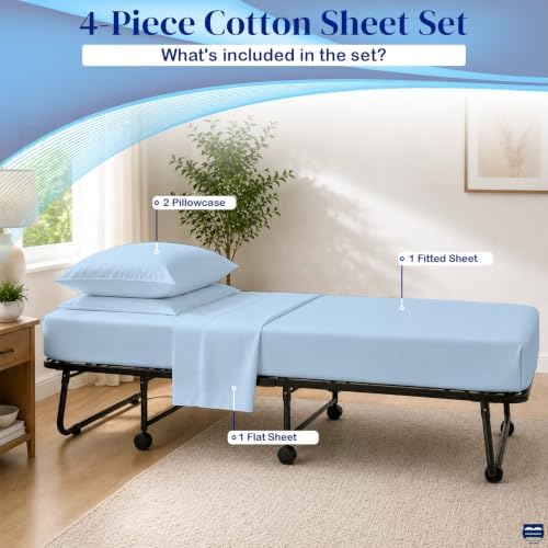 Cottingon 4 PC Cot Sheet Set 33"X75", Egyptian Cotton, Light Blue - Image 4