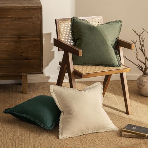 MIULEE Boho Linen Fringe Decorative Throw Pillow Covers Olive Green 16x16 - Image 4