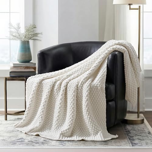 EVERGRACEHOME Chunky Chenille Knit Throw Blanket, 50 x 60, Bright White by EVERGRACE