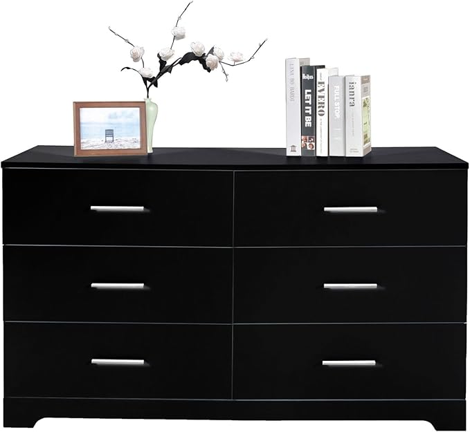 Karl home 6 Drawer Dresser, Wood Black Vanity Drawer Cabinet, Bedroom Storage Cabinet TV Stand, Large Dresser Storage Chest with Deep Drawers, Bedroom Furniture, 47.2×27.6×15.7 inches