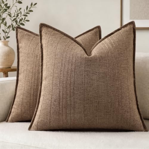 decorUhome Hazel Taupe Textured Linen Throw Pillow Covers 18x18 Set of 2 by decorUhome
