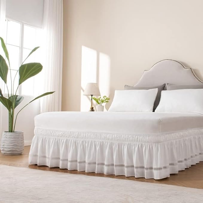 MIYE Wrap Around Ruffled Lace Bed Skirt, Elastic Dust Ruffle with Adjustable Belts, Easy to Put On, Bed Frame Cover, Machine Washable (Ruffled Lace/White, King/Queen-18 Drop)