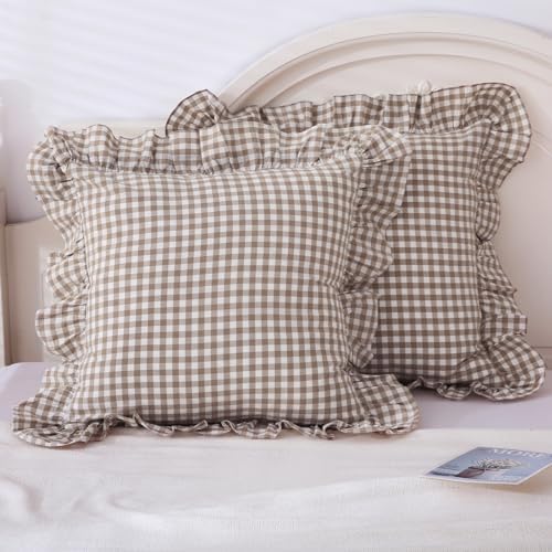 Mywinlle Taupe Plaid Gingham Ruffle Decorative Throw Pillow Covers 24"x24" by Mywinlle