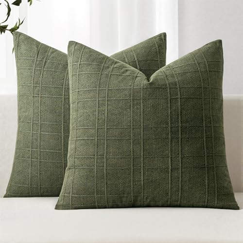 MIULEE Linen Plaid Pillow Covers Decorative 18x18 Dark Olive Green by MIULEE