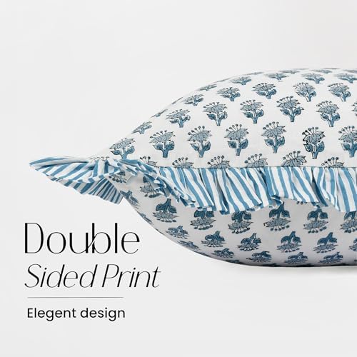 CPC Block Print Apatite Blue Ruffle Cotton Lumbar Pillow Cover 14x36 inch - Image 2