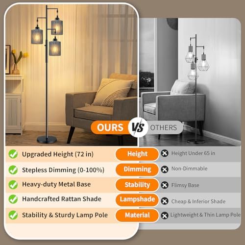 Hotsonic 72" Boho Rattan Tree Floor Lamp, Tall Dimmable Industrial Standing Lamp, Corner Decor Accent Lighting for Living Room, Bedroom, Dining Room, Nursery, Cafe (3 x 800LM Bulbs Included) - Black - Image 2