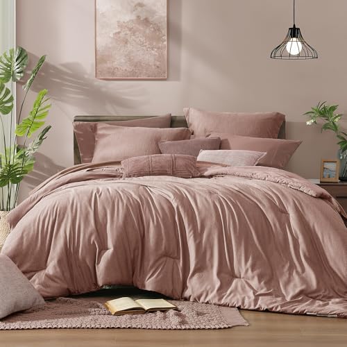 Monbix Full Comforter Set 7 Pieces Dusty Pink Cationic Dyeing Bed in a Bag by Monbix