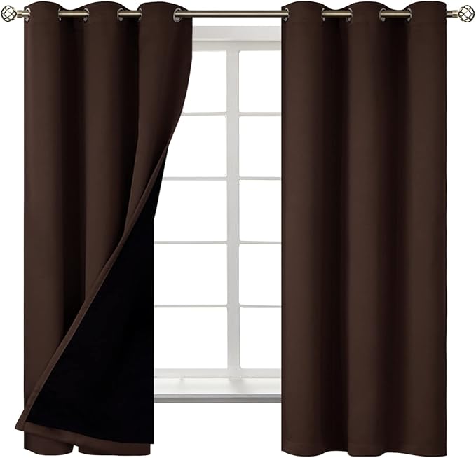 BGment Thermal Insulated 100% Blackout Curtains for Bedroom with Black Liner, Double Layer Full Room Darkening Noise Reducing Grommet Curtain (42 x 63 Inch, Brown, 2 Panels)