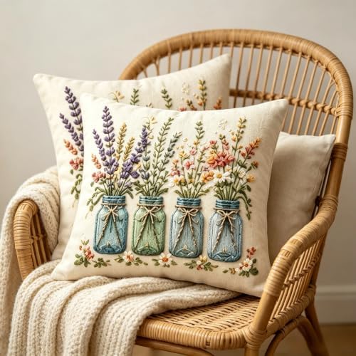 2D Flat Jar Wildflower Linen Throw Pillow Covers 18x18 Set of 2 - Image 7