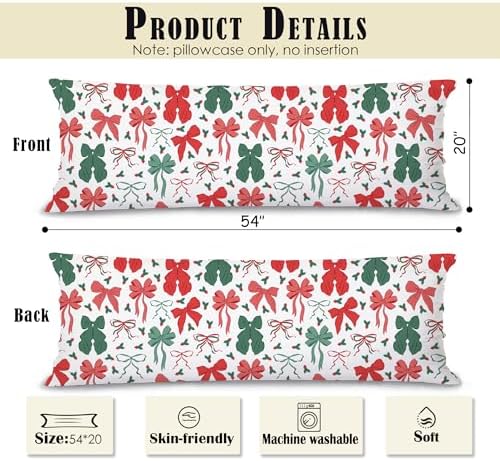 Red and Green Christmas Bows 20x54 Body Pillow Cover, Preppy Girly Christmas - Image 2