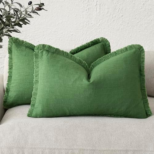 Foindtower Boho Linen Fringe Lumbar Throw Pillow Covers 12×20 Forest Green by Foindtower