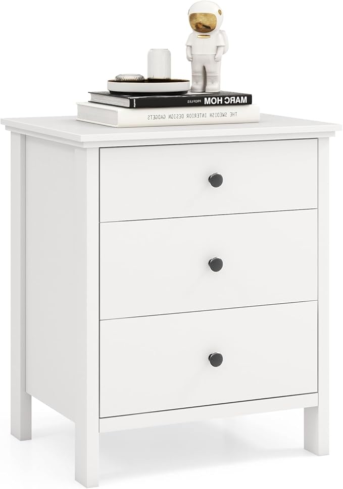 Giantex Nightstand with 3 Drawers, Wooden Side End Table with Solid Wood Legs, Retro 3-Drawer Bedside Table Night Stand for Bedroom Home Office Small Space, Easy Assembly, White