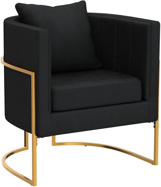 Velvet Modern Accent Chairs Set of 2, Upholstered Barrel Armchair Mid Century with Pillow for Living Room, Comfy Single Vanity Chair with Metal Gold Legs for Bedroom, Black