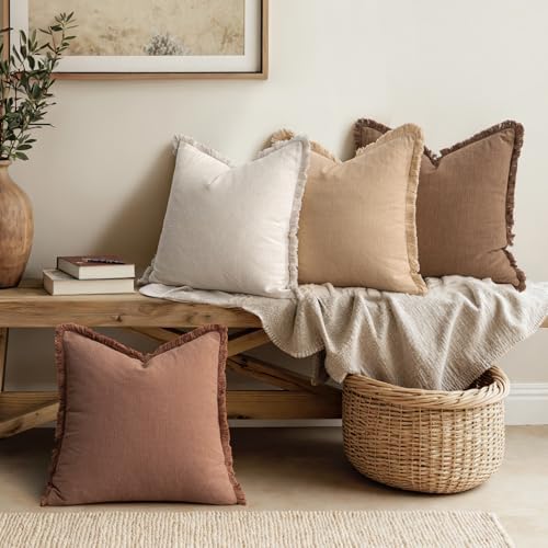 MIULEE Fall Linen Fringe Pillow Covers Set of 4 18x18 Beige/Brown - Image 2