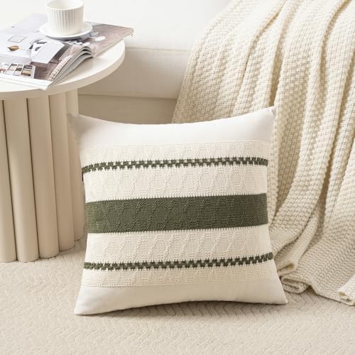 Fancy Homi Set of 2 Boho Olive Green Decorative Throw Pillow Cover 16x16 Inch - Image 2