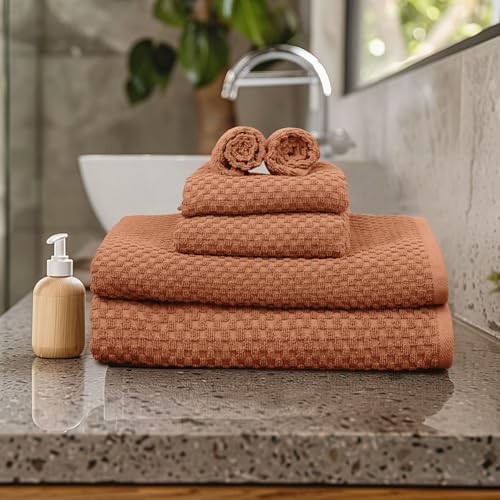 COTTON CRAFT Euro Spa Waffle Weave 6 Piece Towel Set - 100% Cotton - Mocha - Image 2
