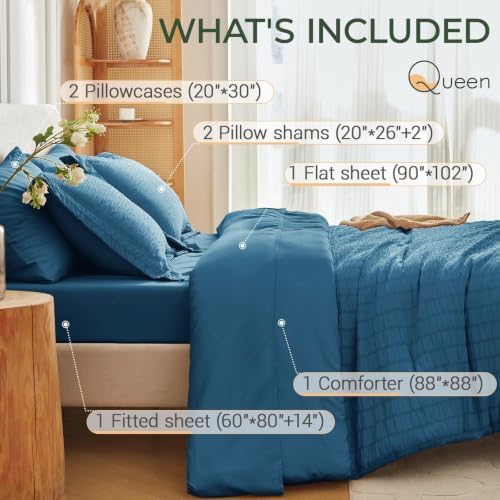 MUXHOMO 7 Pieces Queen Comforter Set, Seersucker Bed in a Bag Queen Size - Image 4