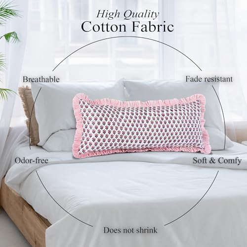 CPC Block Print Pink Sapphire Ruffle Cotton Lumbar Pillow Cover 14x36 inch - Image 7