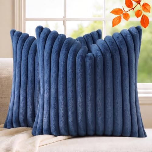 Set of 2 Decorative Throw Pillow Covers 20x20 Faux Fur Navy Blue by MEGAYESHome