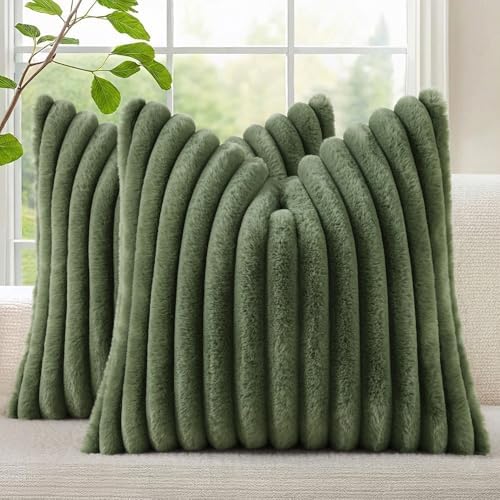 decorUhome Fall Faux Fur Throw Pillow Covers 22x22 Set of 2 Olive Green by decorUhome
