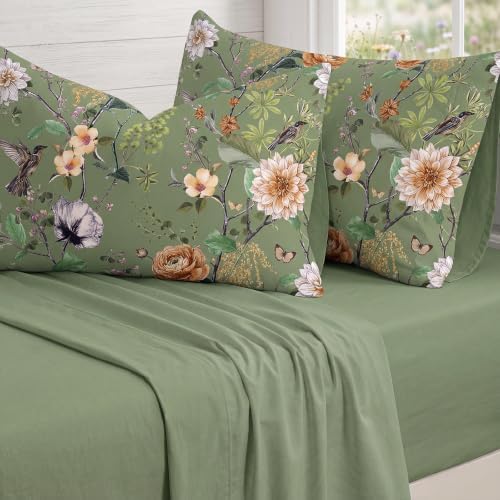 Bedorm 100% Cotton Pillowcases Set of 2 King Size Green Floral Pillow Cover - Image 5