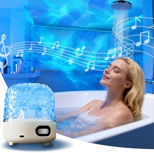 Spa-Like Shower Lamp with Bluetooth Speaker,Waterproof 16-Color Ocean Wave Projector Light, Rechargeable Bathroom Lamp with Touch&Remote Control,Cordless Light for Inside Shower/Bathtub by Unknown