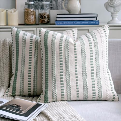 Cethom Sage Green Boho Throw Pillow Covers 20x20 Inch Set of 2, Stripe Textured by Cethom