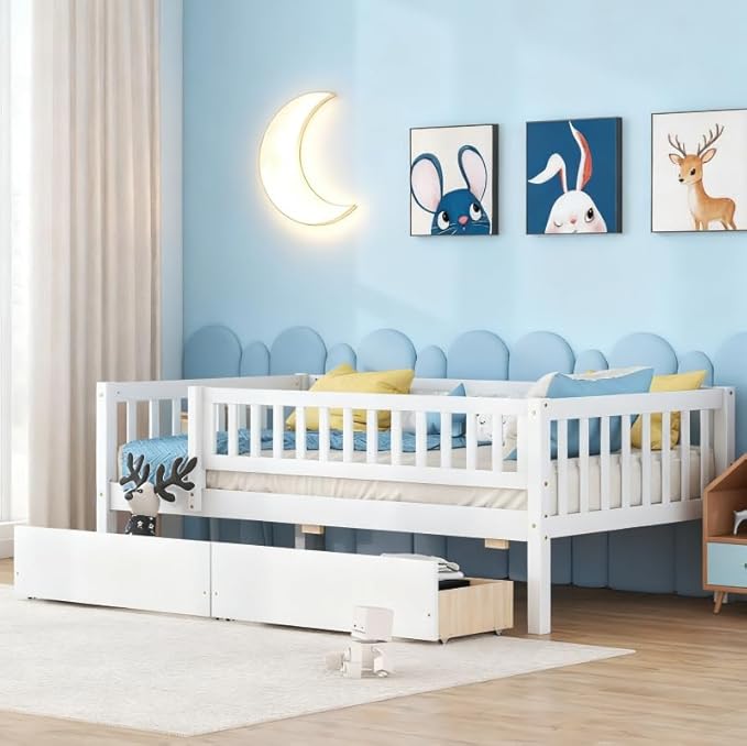 Bellemave Twin Bed Frames with Rails for Kids, Twin daybed Frame with Drawers for Boys/Girls/Adults，White