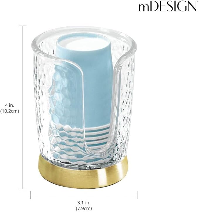 mDesign Plastic/Steel Compact Small Disposable Paper Cup Dispenser Storage Holder for Rinsing Cups on Bathroom Vanity Countertops - Rain Collection - Clear/Soft Brass